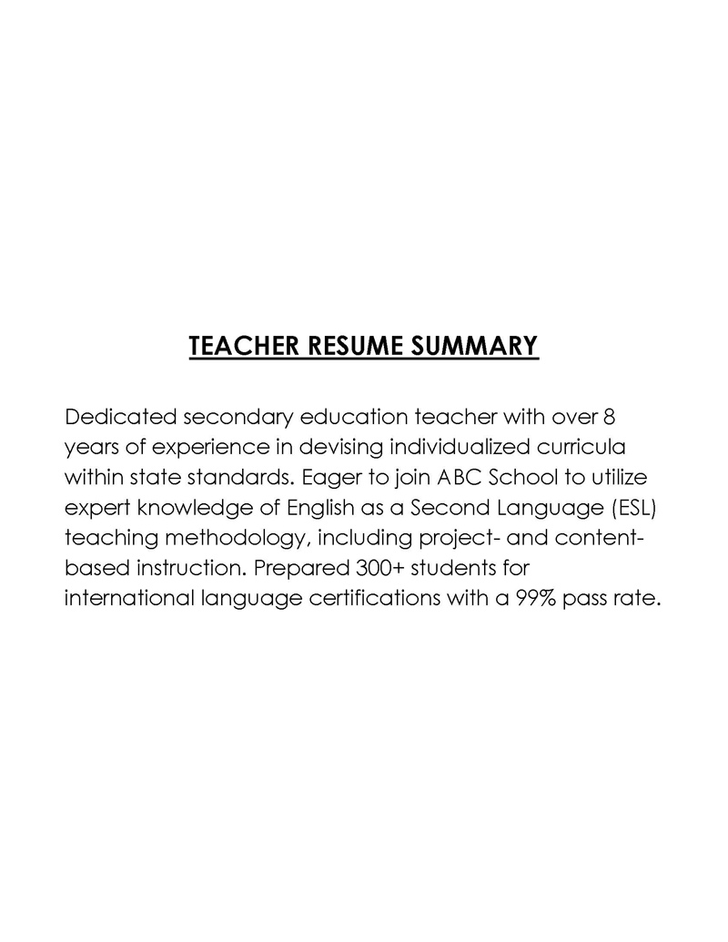 Teacher Free resume summary template with word