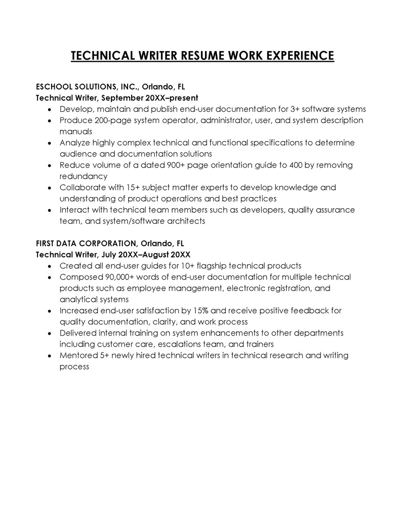 Technical Writer Work Experience in Resume