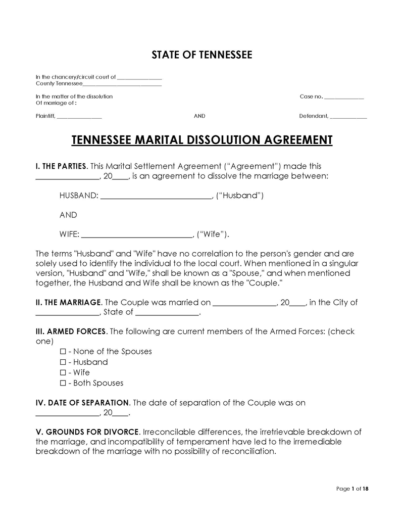 Tennessee Divorce Settlement Agreement