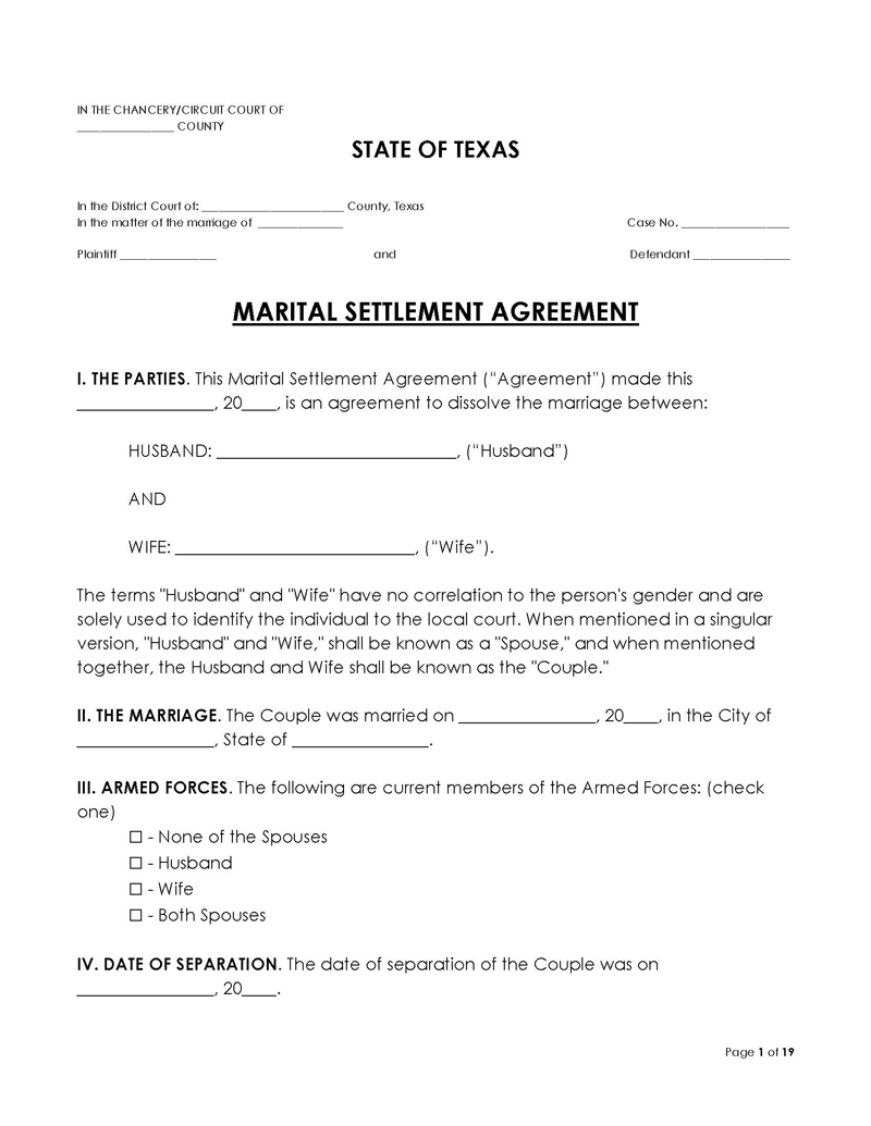 Texas Divorce Settlement Agreement