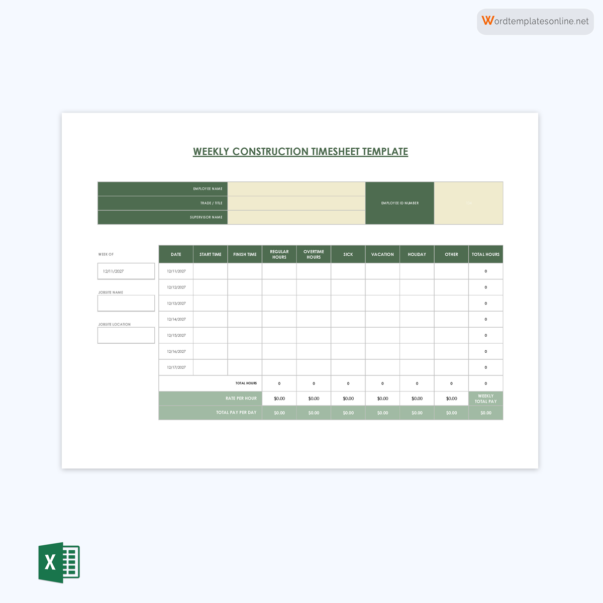 Editable Time Log Template 06 for Excel