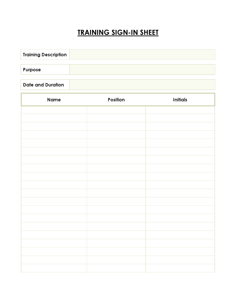 Training sign in sheet