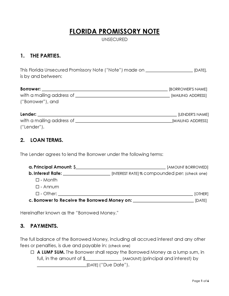 Editable Florida Unsecured Promissory Note Template - Printable Sample