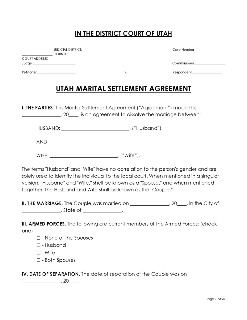 Utah Divorce Settlement Agreement