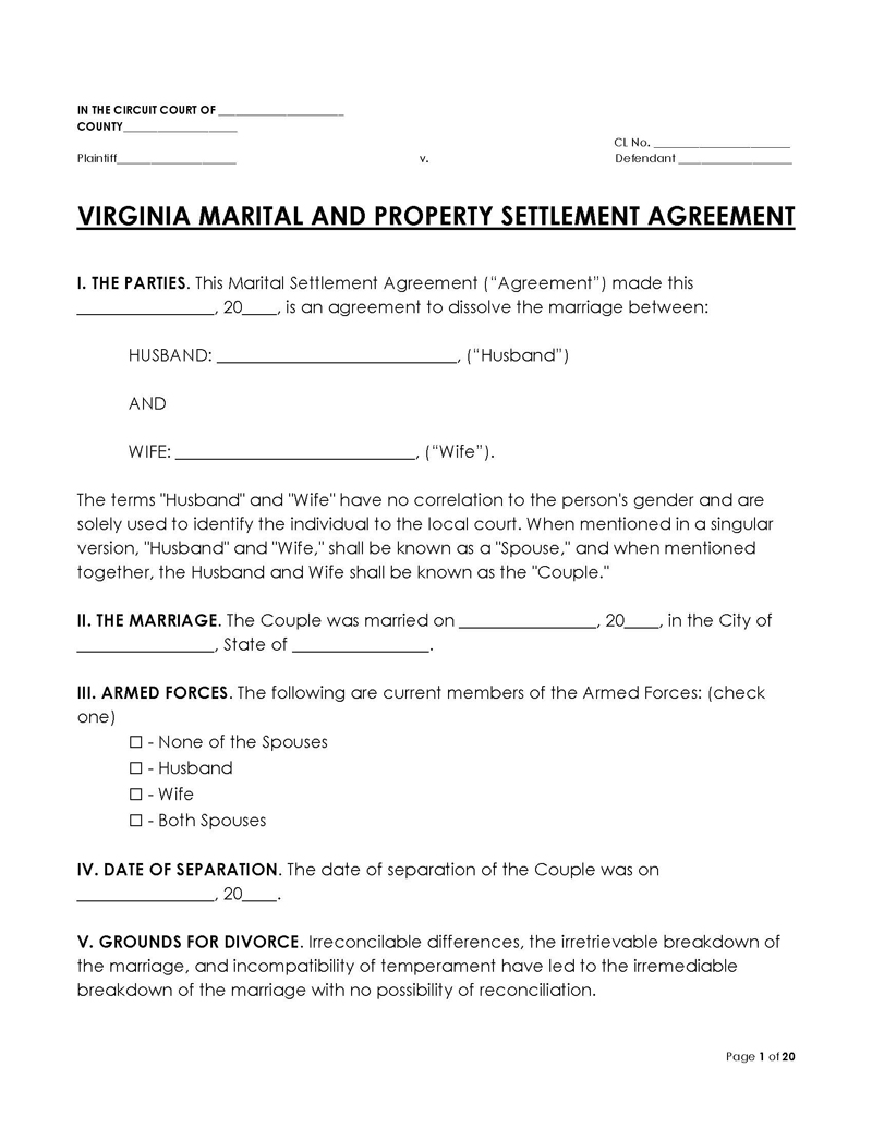Virginia Divorce Settlement Agreement
