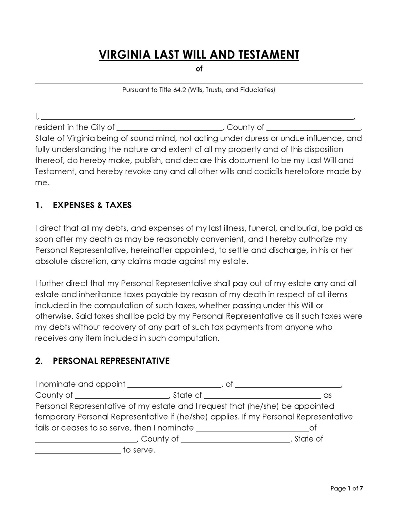 Free Virginia Last Will and Testament Template