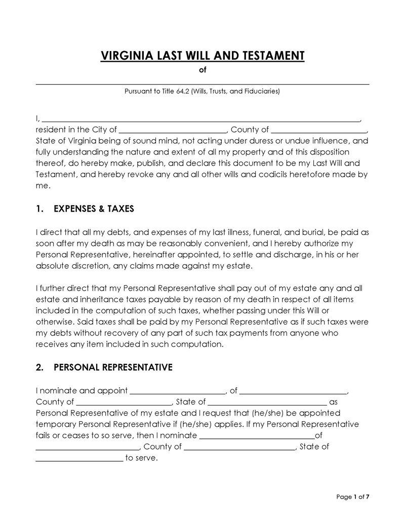 Free Virginia Last Will and Testament Template for Word File