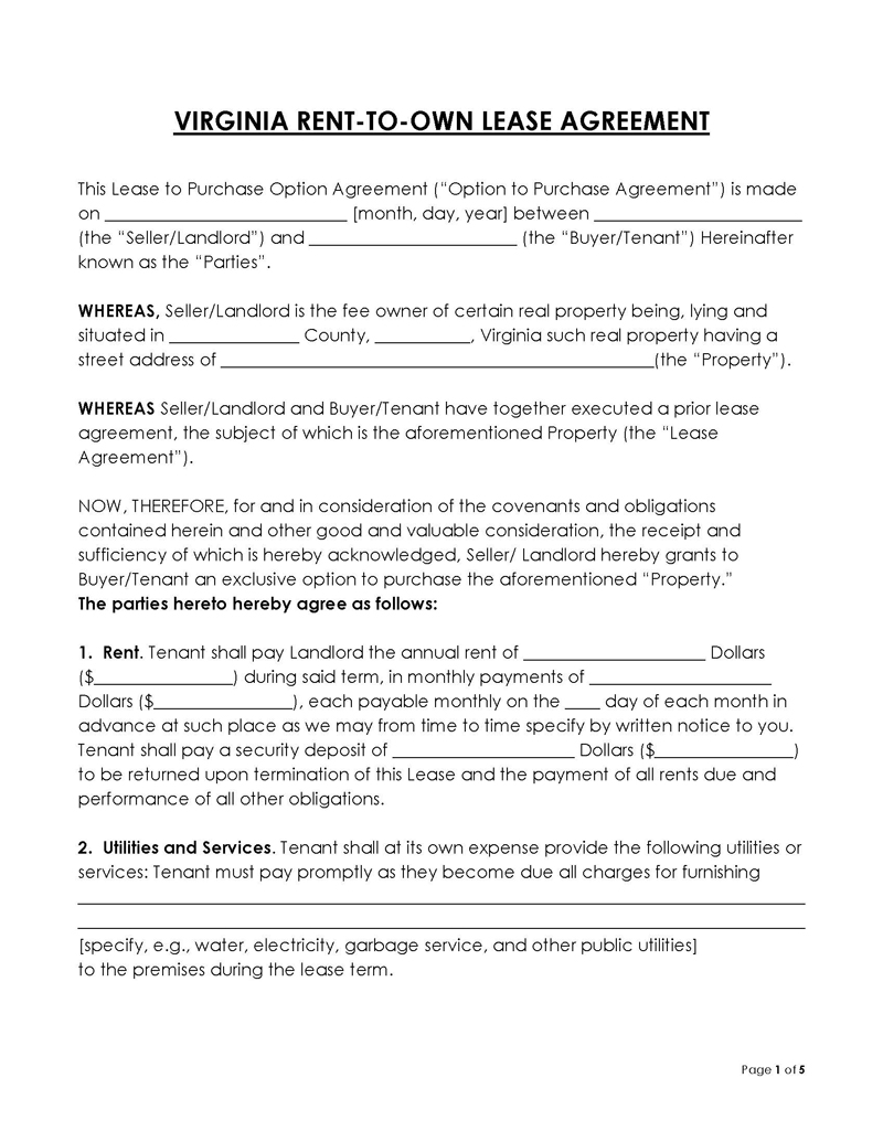 Virginia Rent-to-Own Lease Agreement Example