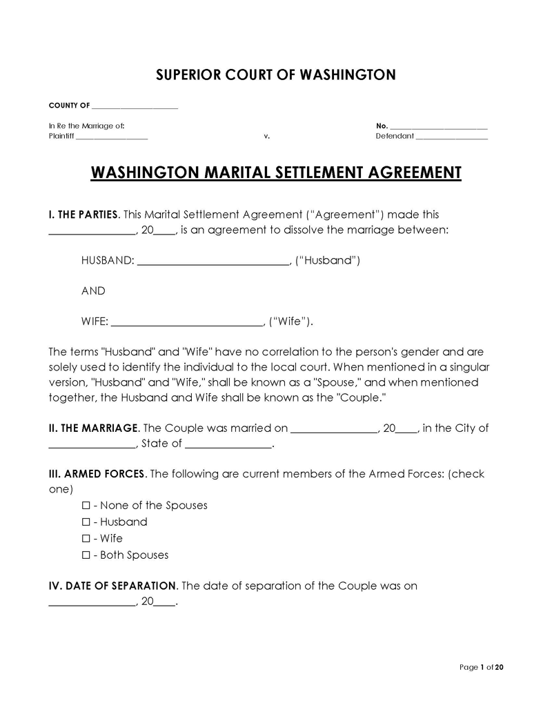 Washington Divorce Settlement Agreement