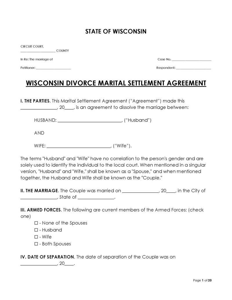 Wisconsin Divorce Settlement Agreement