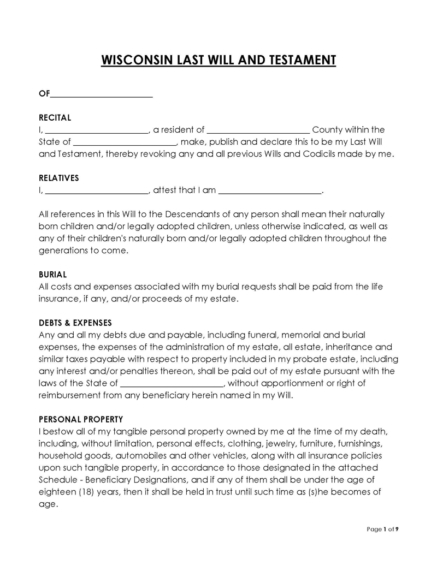Free Wisconsin Last Will And Testament Templates (Word, PDF)