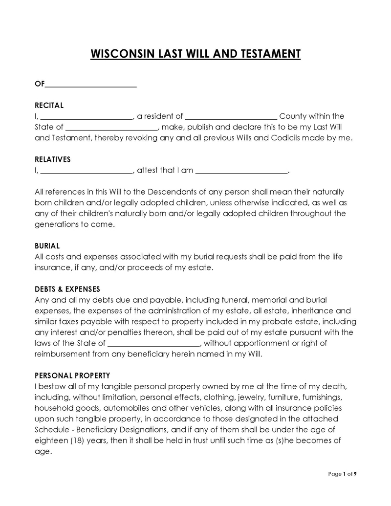 Free Wisconsin Last Will and Testament Template 01 for Word File