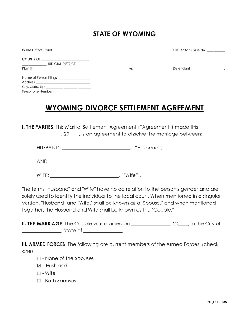 Wyoming Divorce Settlement Agreement