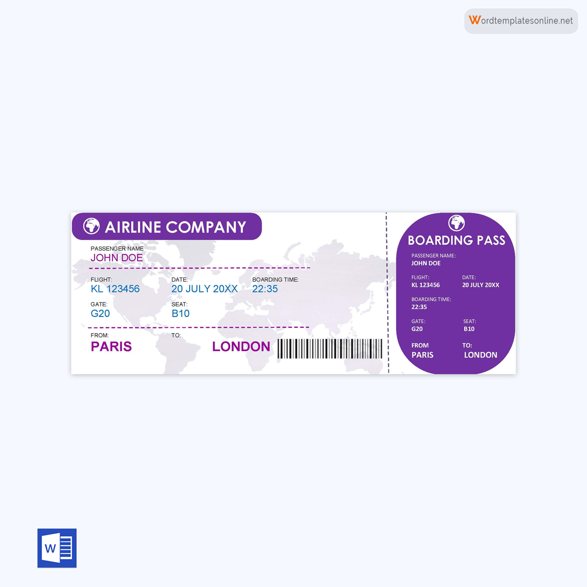 Free Editable Paris to London Boarding Pass Sample 02 for Word Document