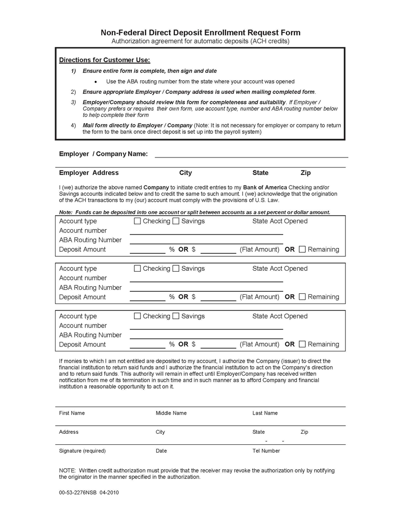 Bank of America DDA Form Free Download