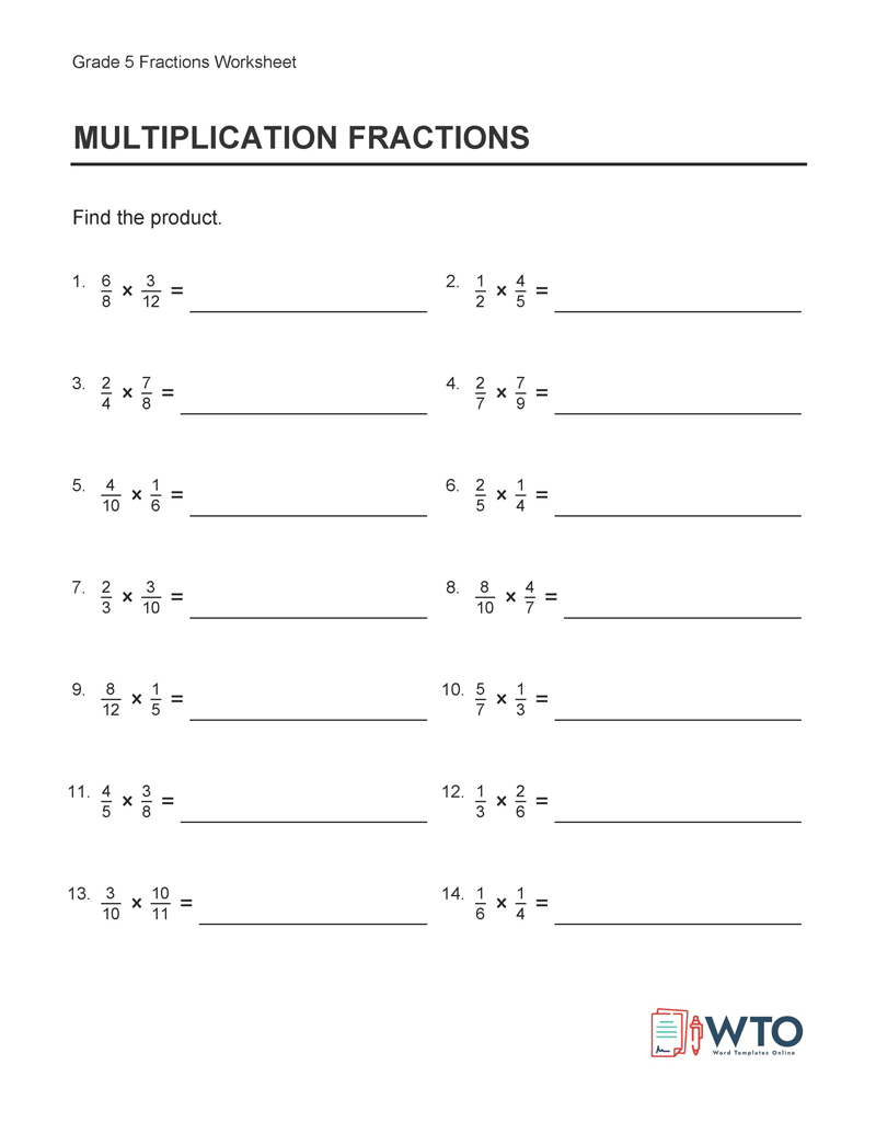 Printable Grade Five Fraction Worksheet Template for Pdf File