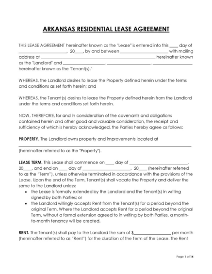 Free Arkansas Lease Agreement Templates (PDF - Word)