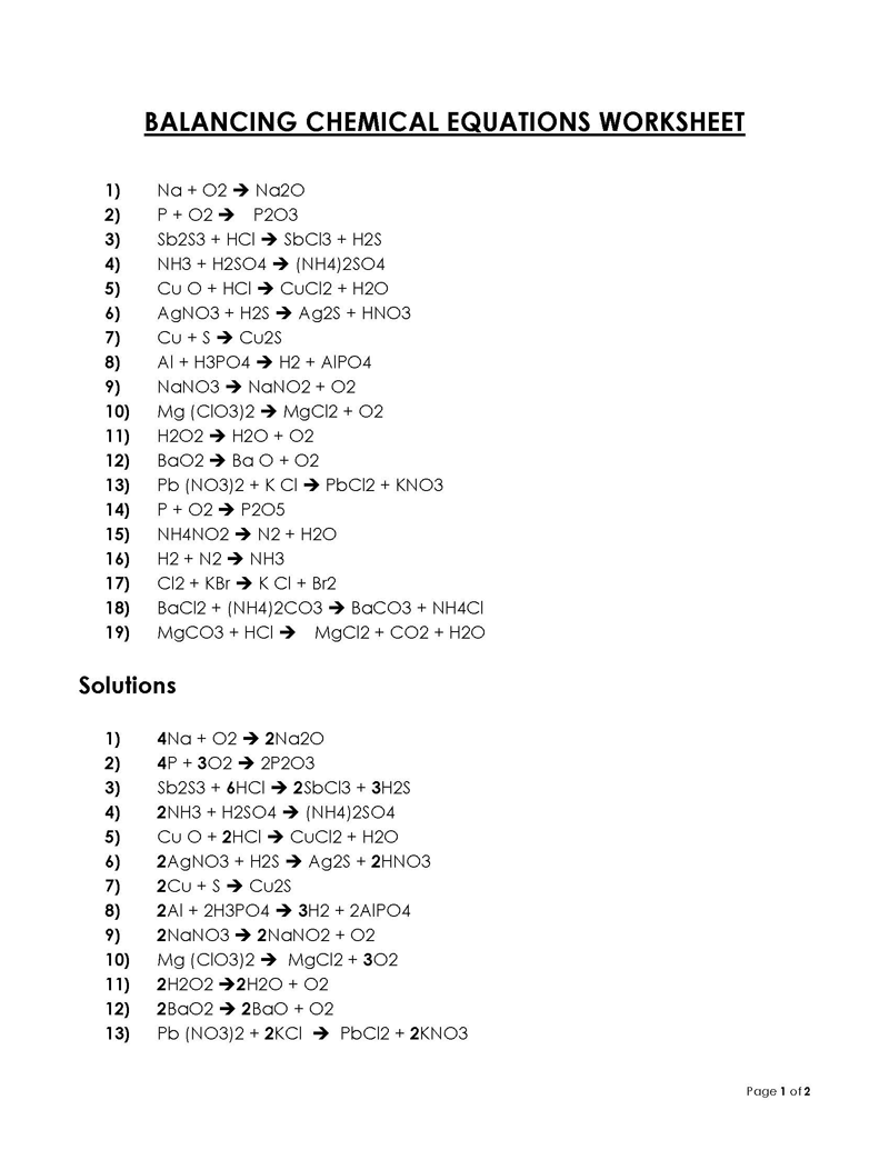 balancing chemical equations questions