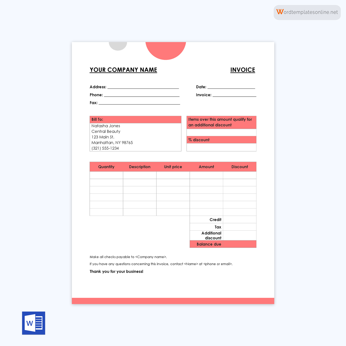 Free editable invoice template in word format