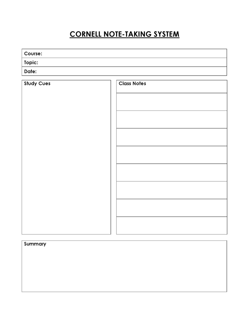 Excel Cornell Note Example