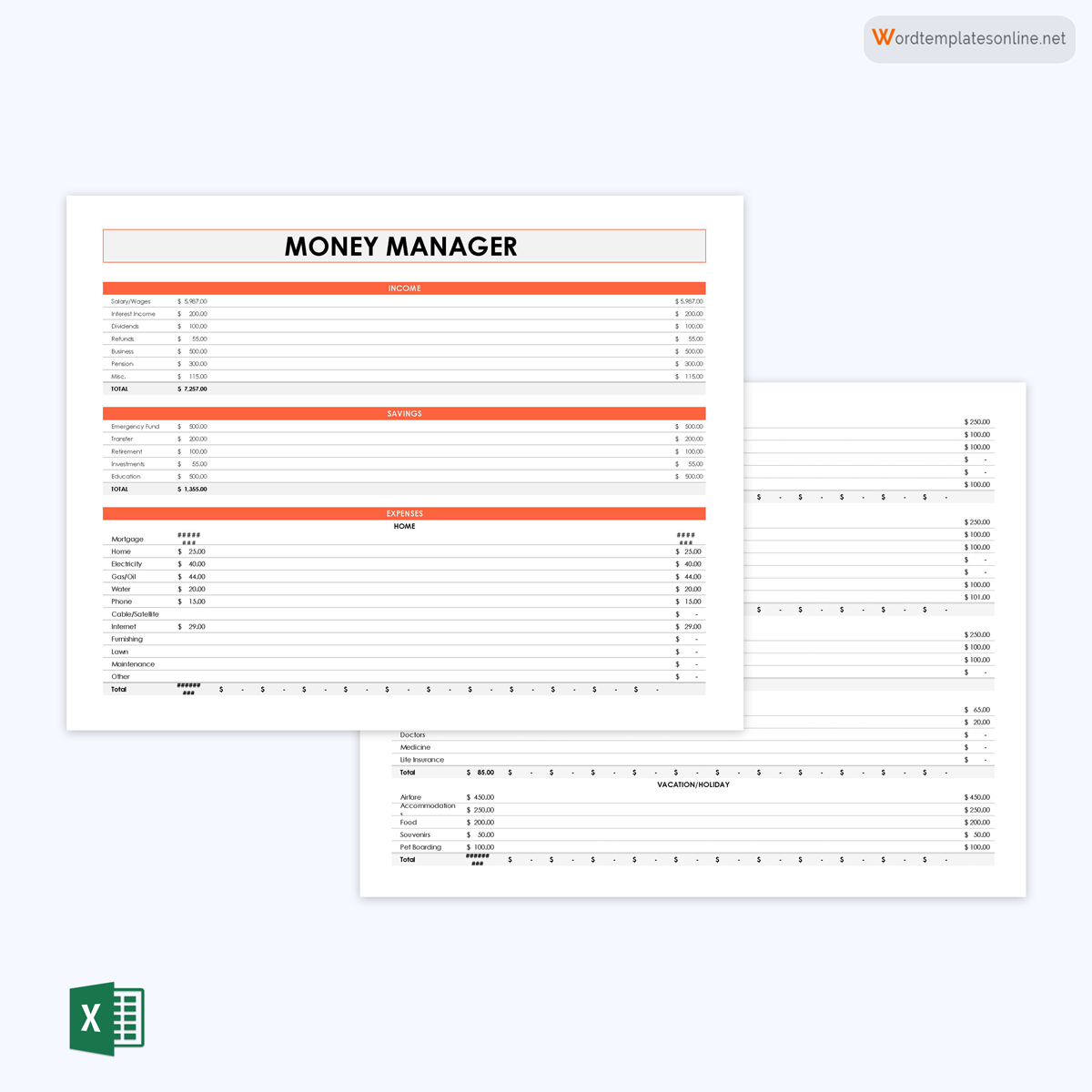 Great Professional Money Manager Expense Report Template as Excel Sheet