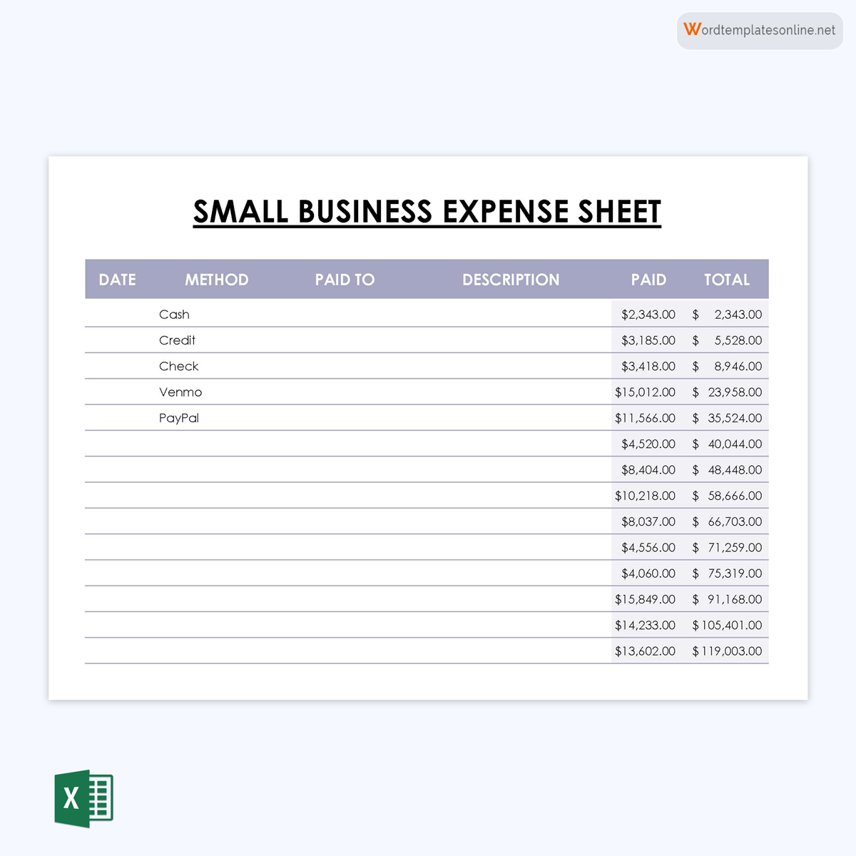 Free Printable Small Business Expense Sheet Template as Excel Format