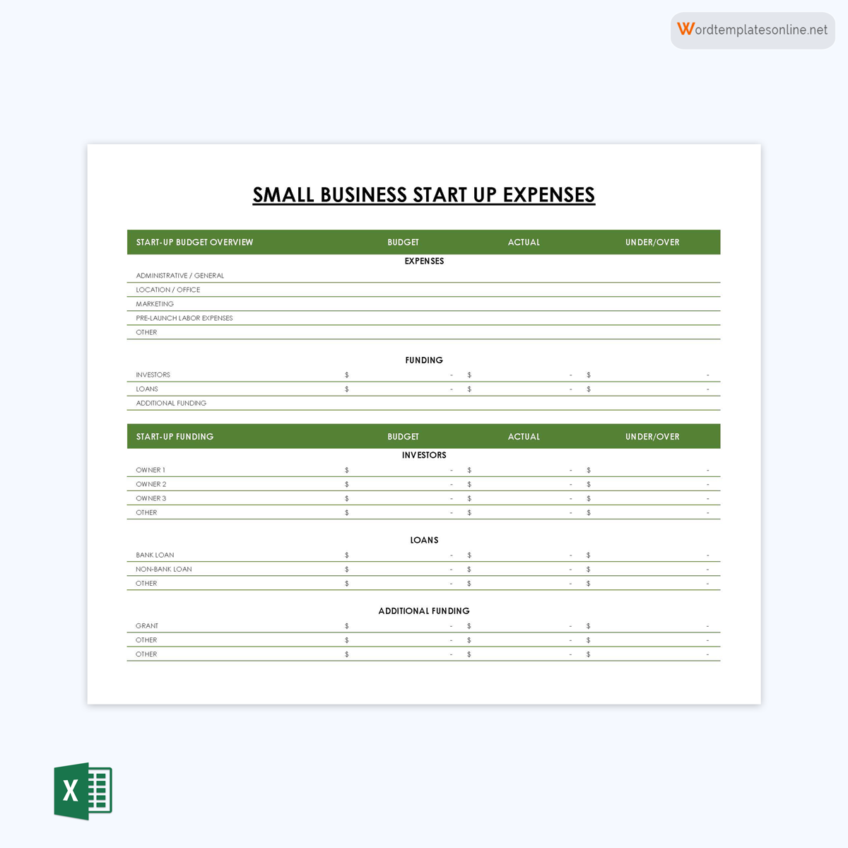 Free Printable Small Business Startup Expense Report Template as Excel Format