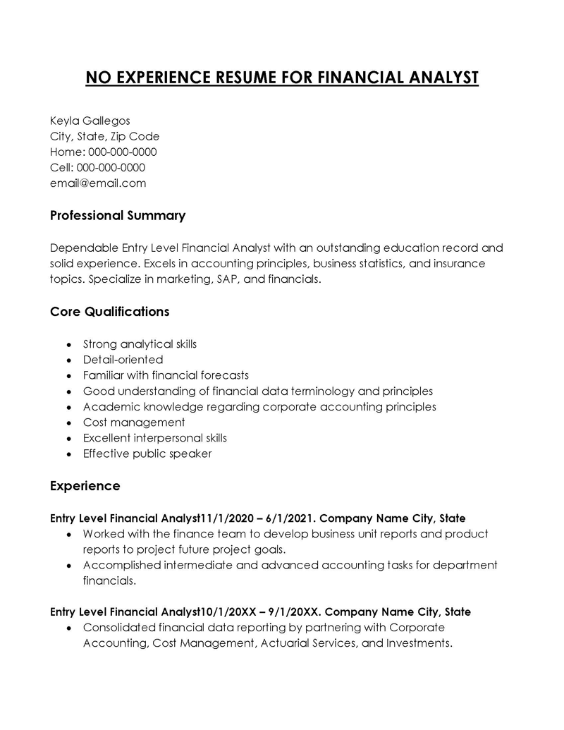 Financial Analyst No Experience Resume