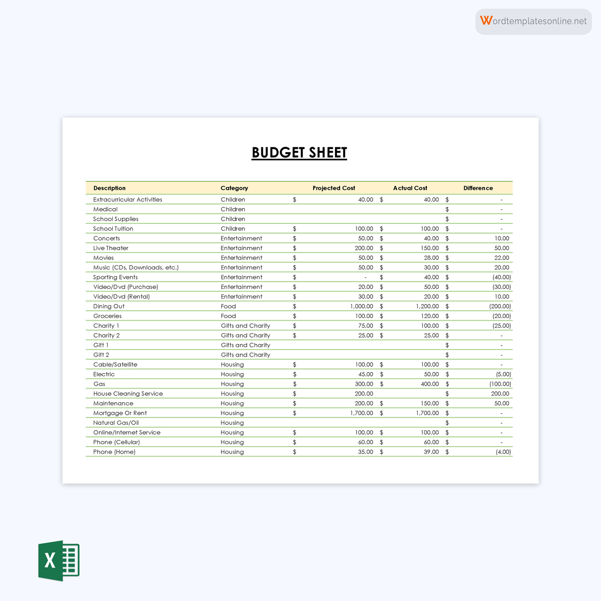 Excel Household Budget Worksheet Sample