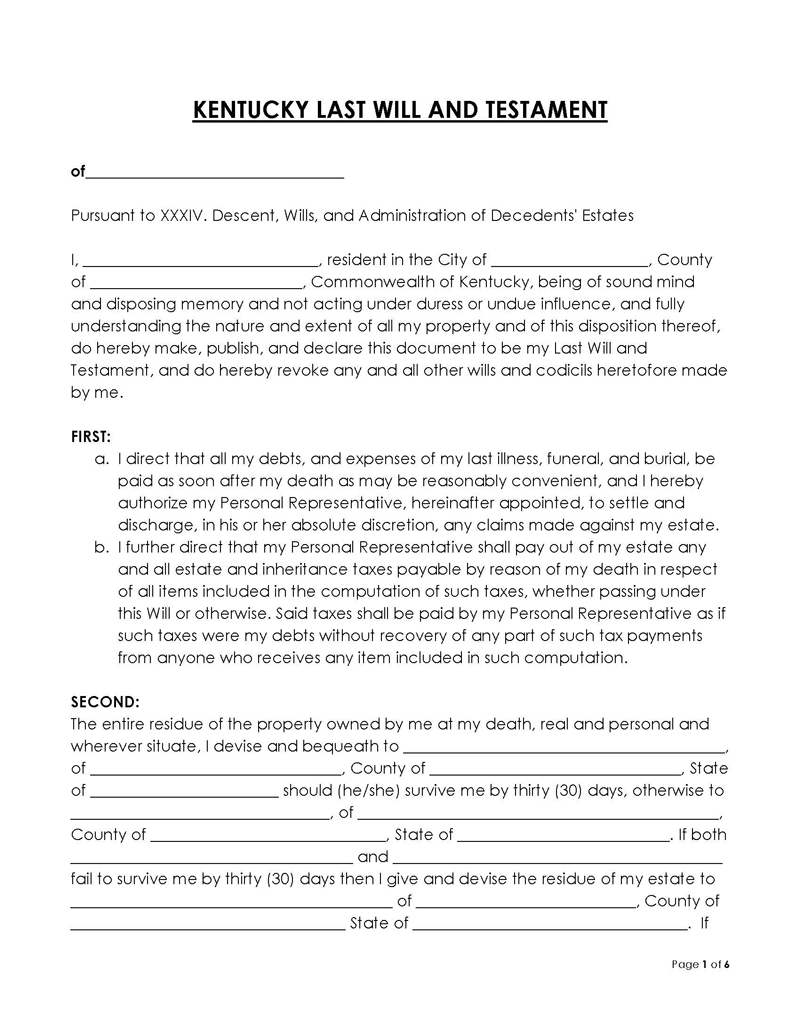 Editable Kentucky Last Will and Testament Example