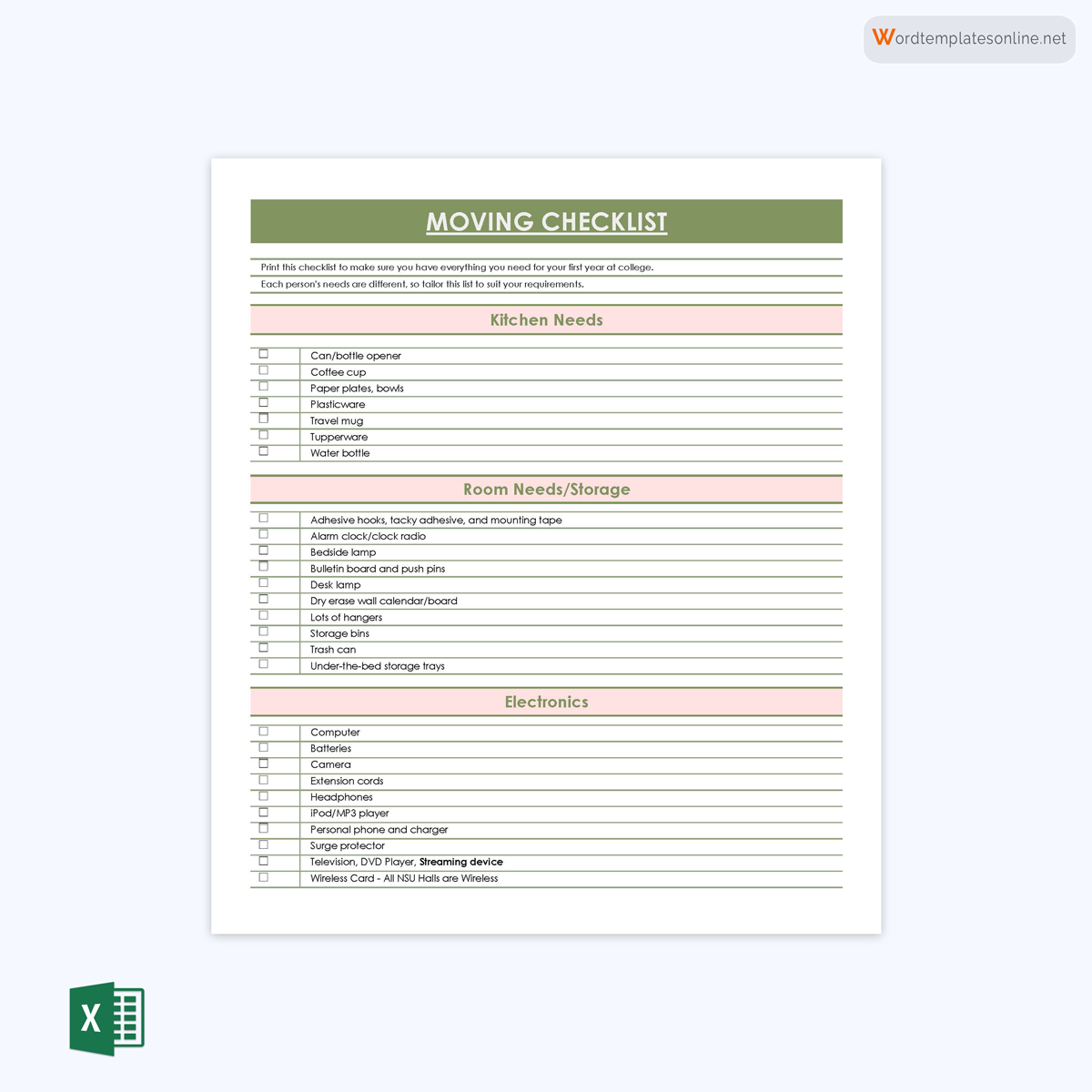 Free Printable Moving to New House Checklist 04 as Excel Sheet