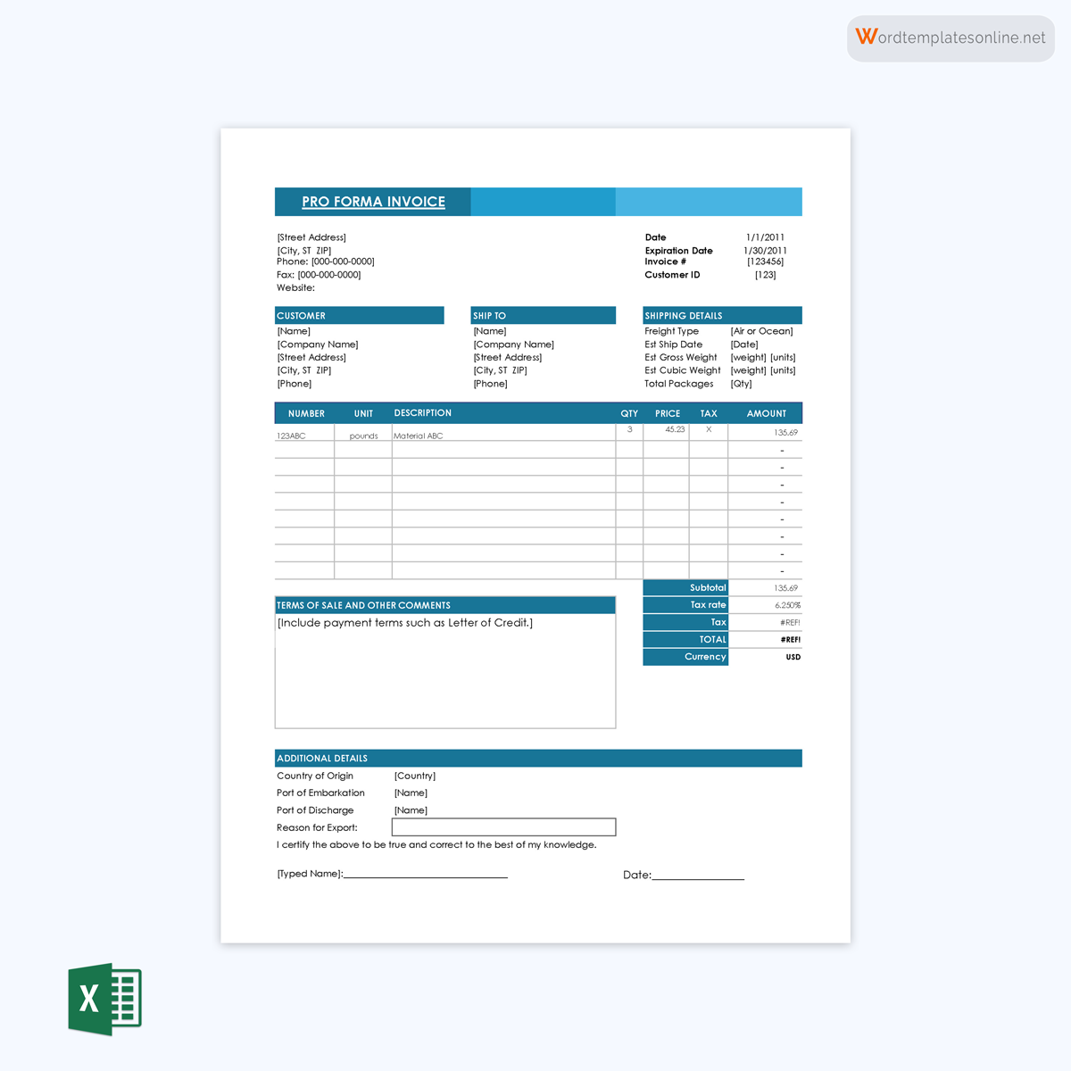 Editable Proforma Invoice Example - PDF Download