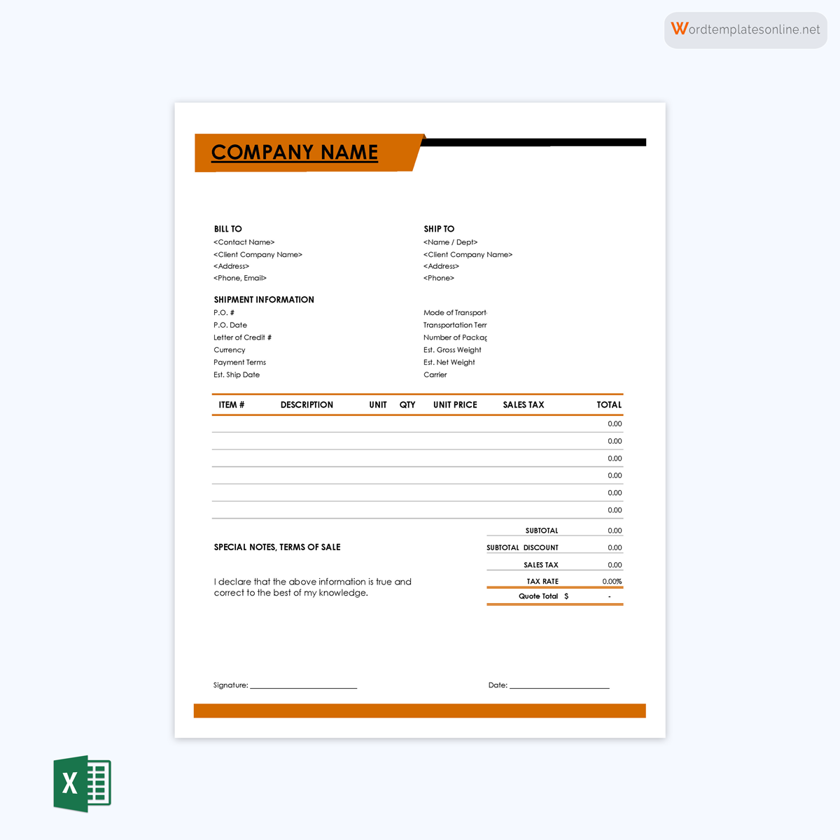 Professional Proforma Invoice Template - Excel Format