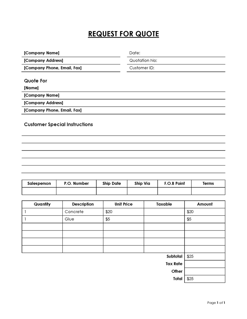 free request for quote template excel