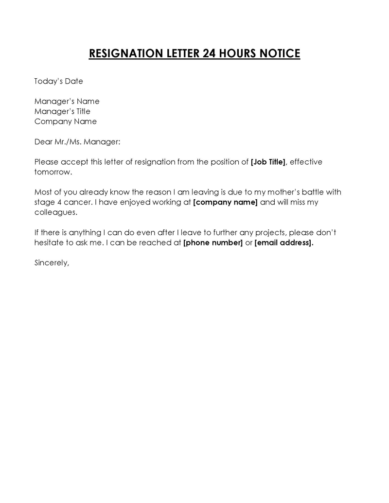 Free 24 Hours Resignation Letter Sample