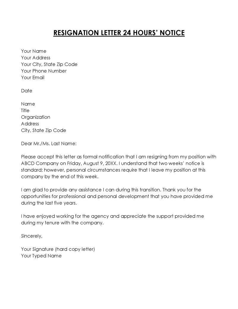 Notice: 24 Hours Resignation Letter Template