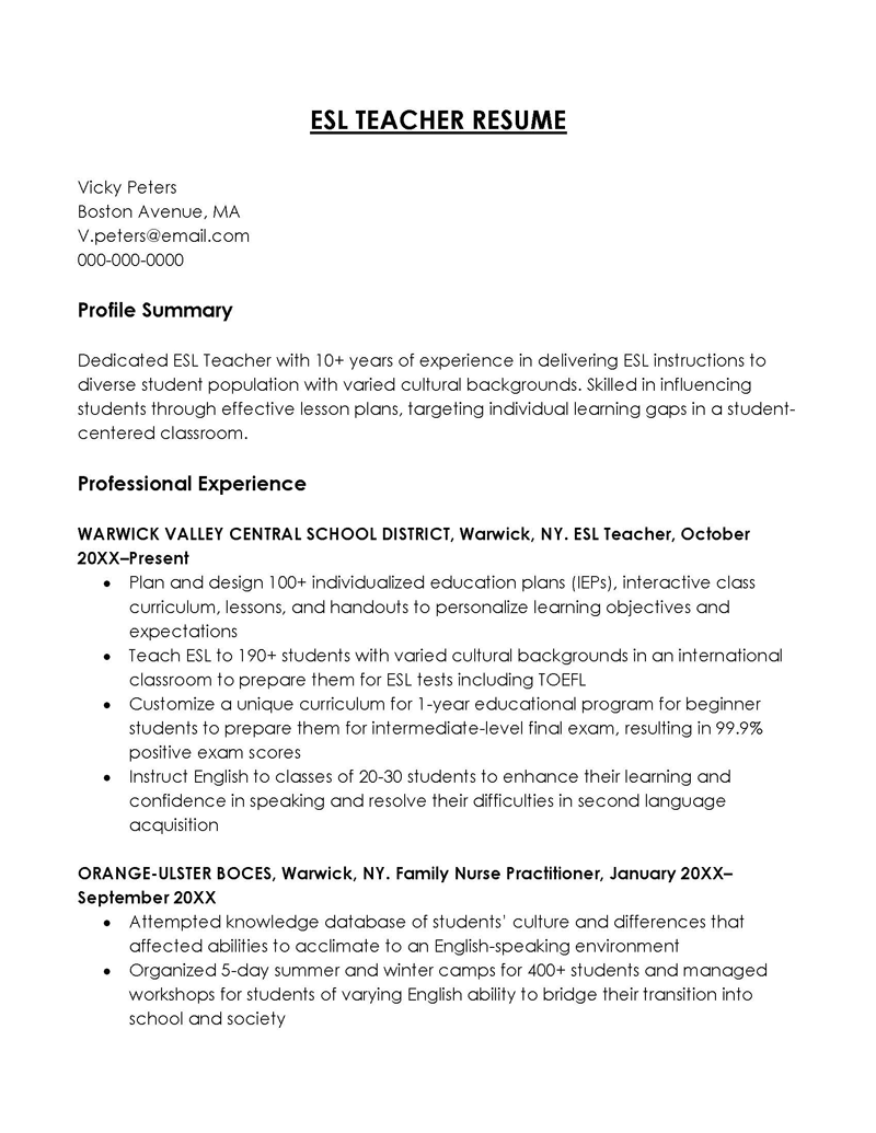 sample resume for applying esl teacher