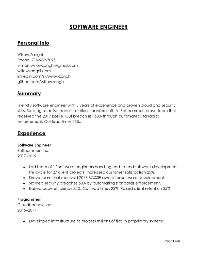  software engineer resume summary