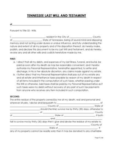 Free Tennessee Last Will and Testament Forms (PDF, Word)