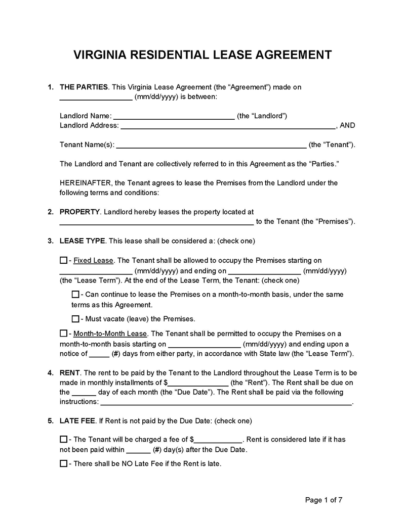 Virginia Lease Agreement Word Template
