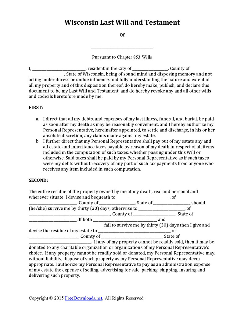 Printable Wisconsin Last Will and Testament Template 05 for PDF File