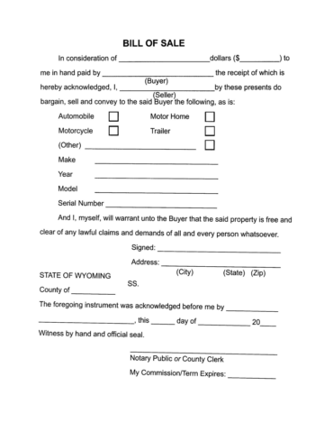 Free Wyoming Vehicle Bill of Sale Forms (14) - PDF, Word