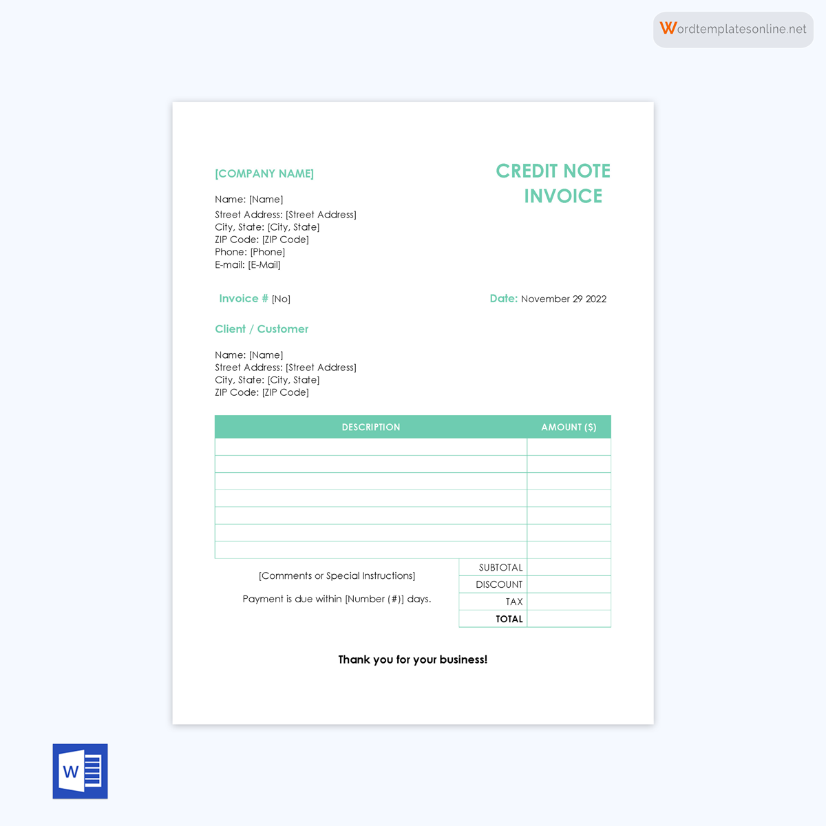 
free credit note template word
