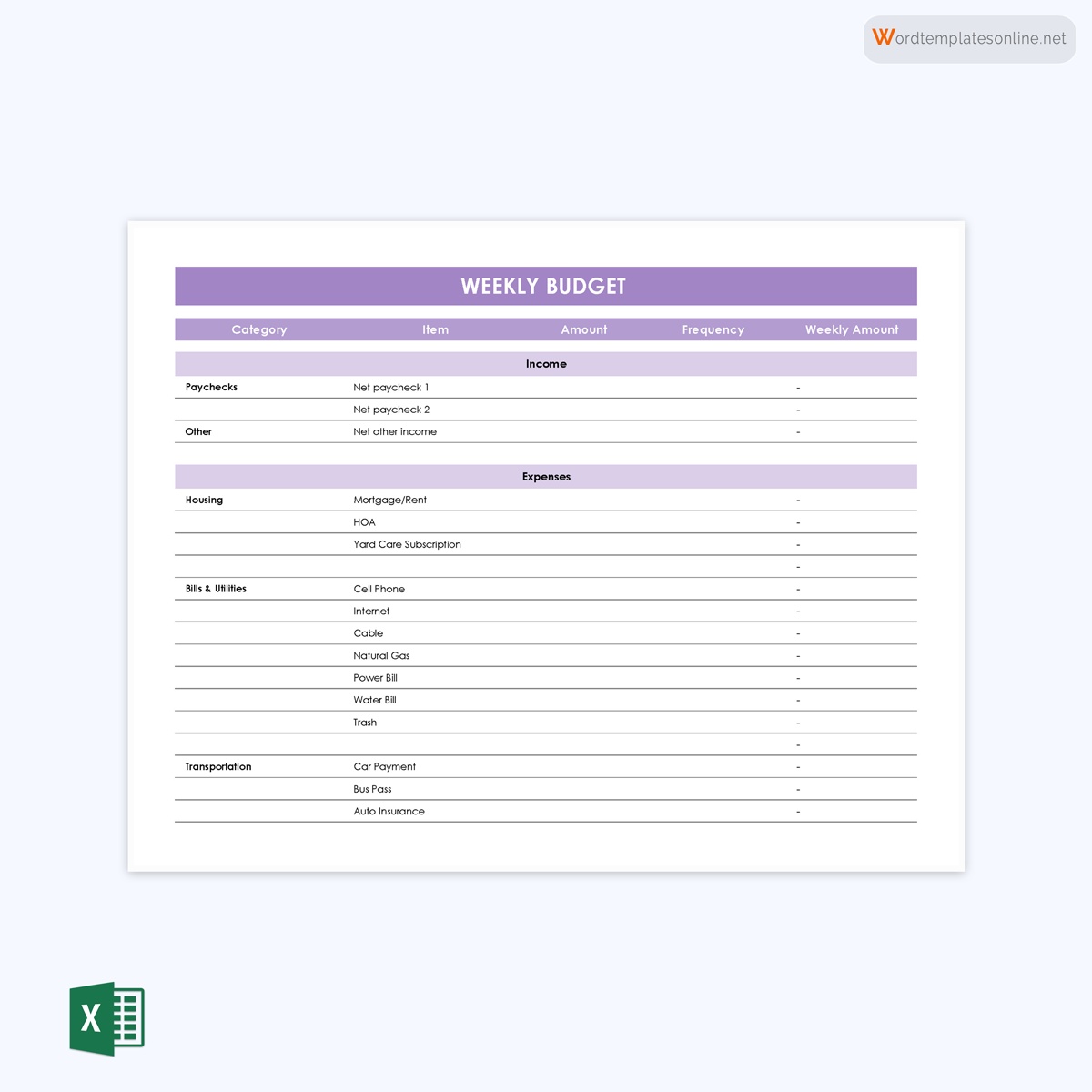 Great Comprehensive Safe to Spend Weekly Budget Template for Excel Sheet