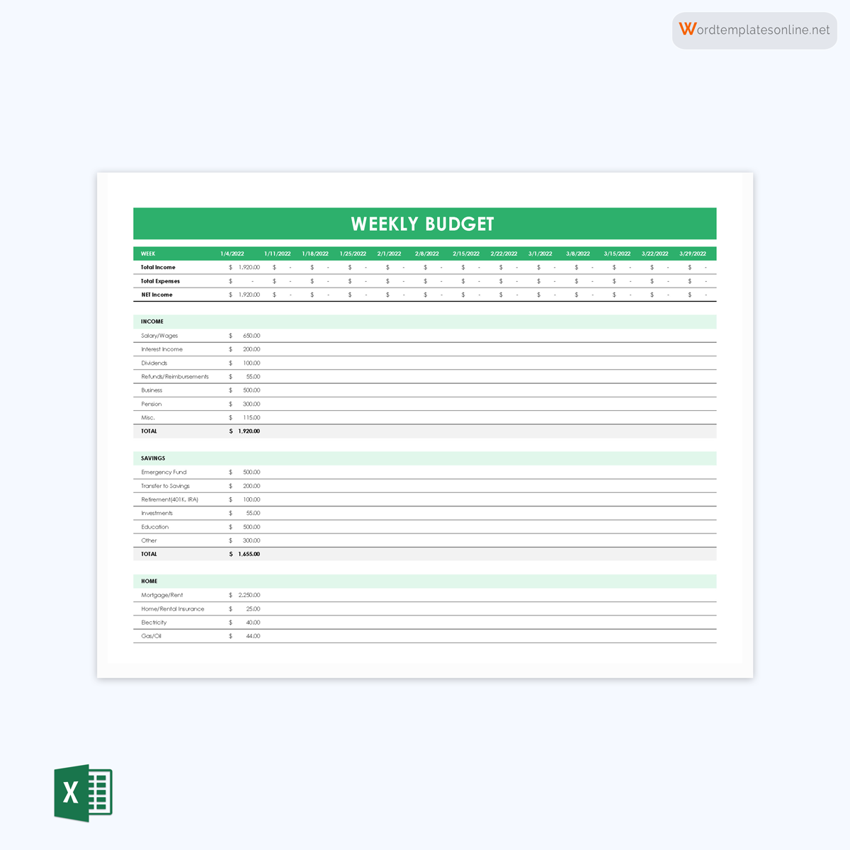 Great Comprehensive Weekly Budget Template 02 for Excel Sheet
