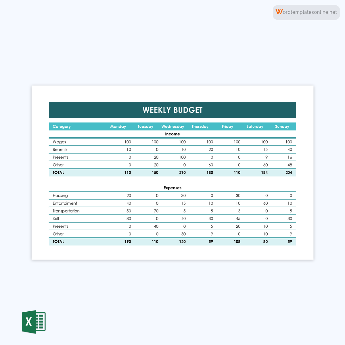Great Comprehensive Weekly Budget Template 03 for Excel Sheet