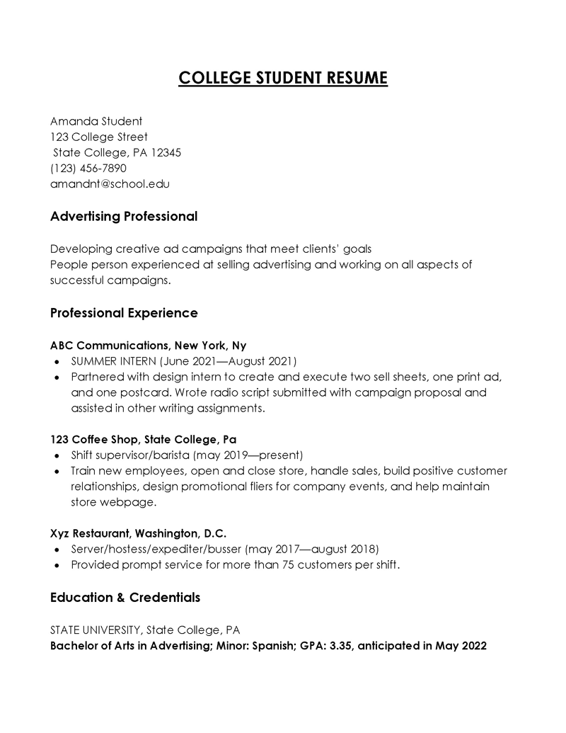 Free Downloadable Bachelor in Advertising College Student Resume Sample for Word Format