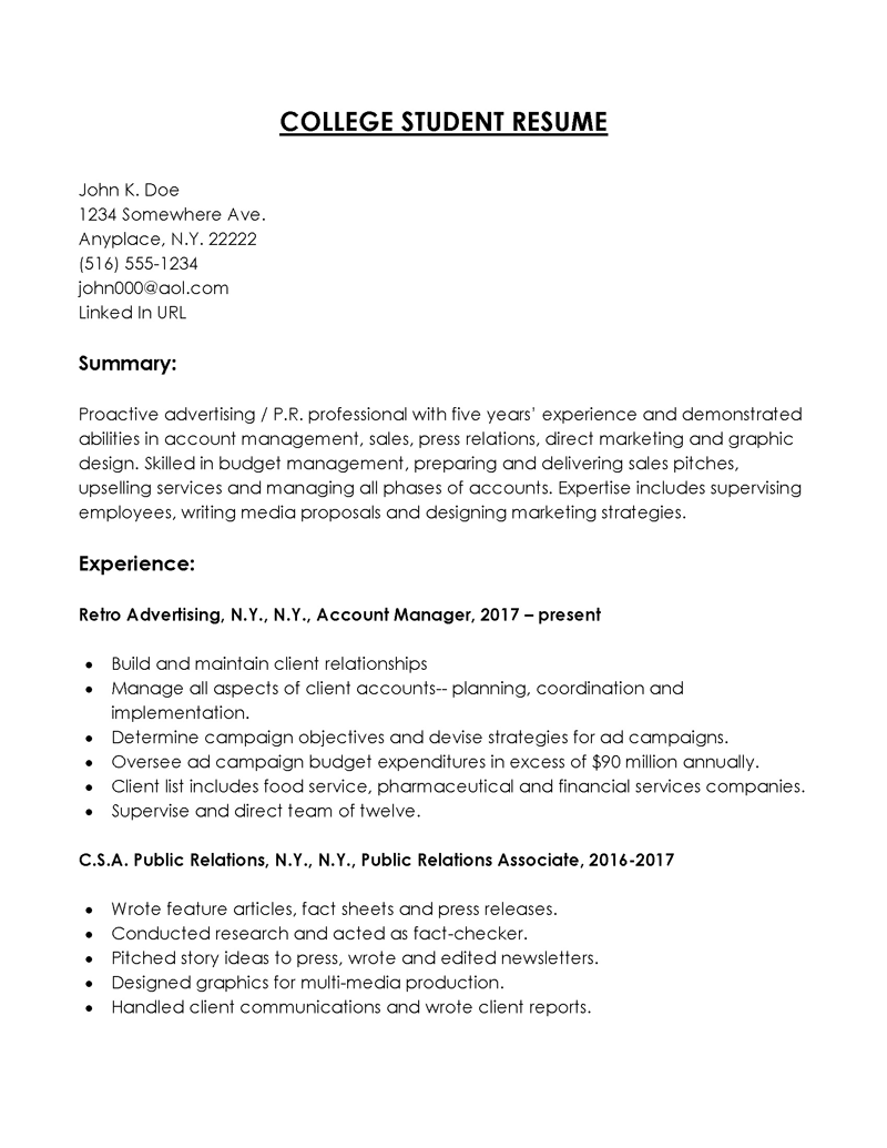 Free Downloadable Marketing College Student Resume Sample for Word Format