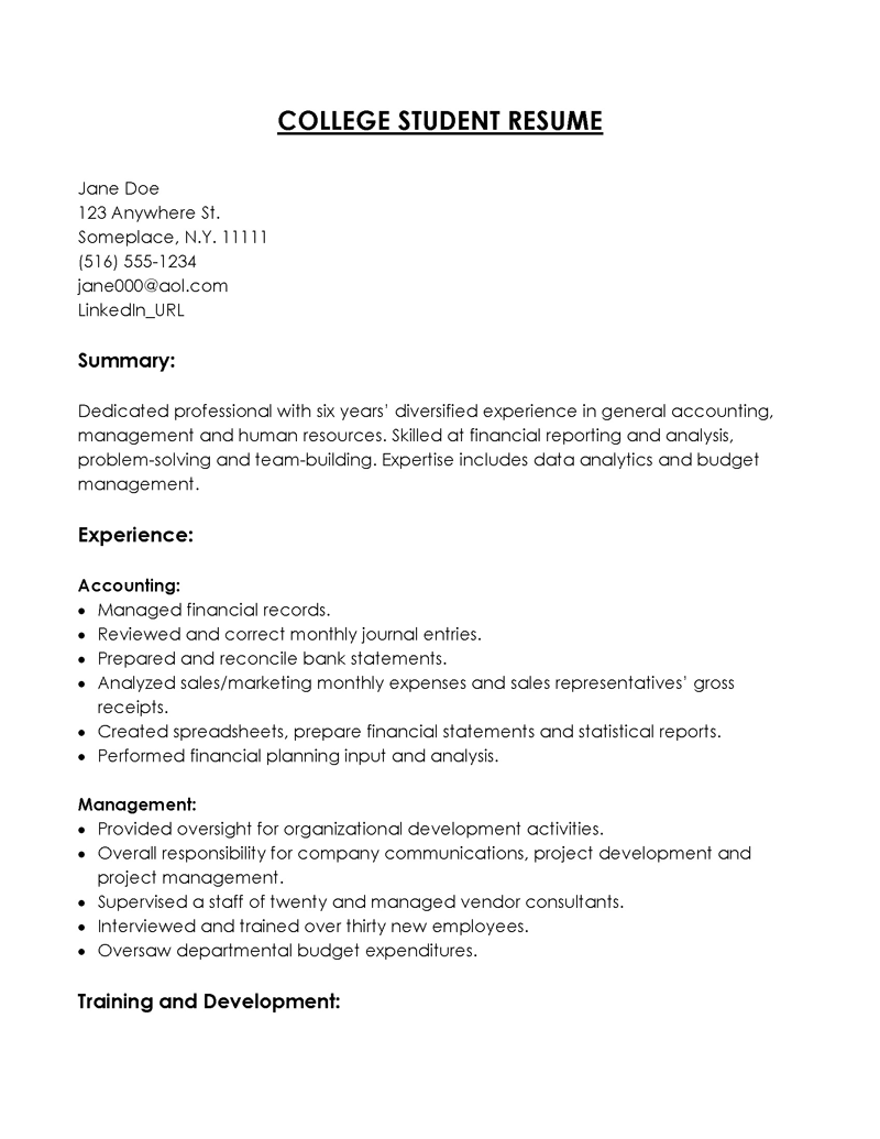 Free Downloadable MBA Tax and Accounting College Student Resume Sample for Word Format