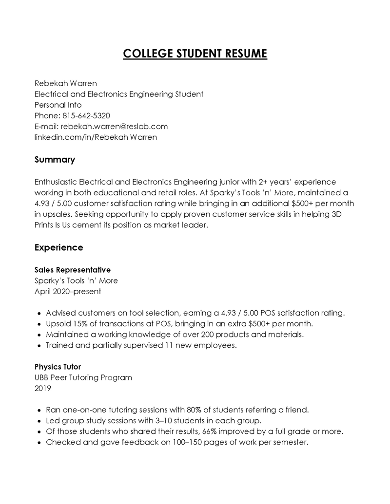 resume for college students with no experience